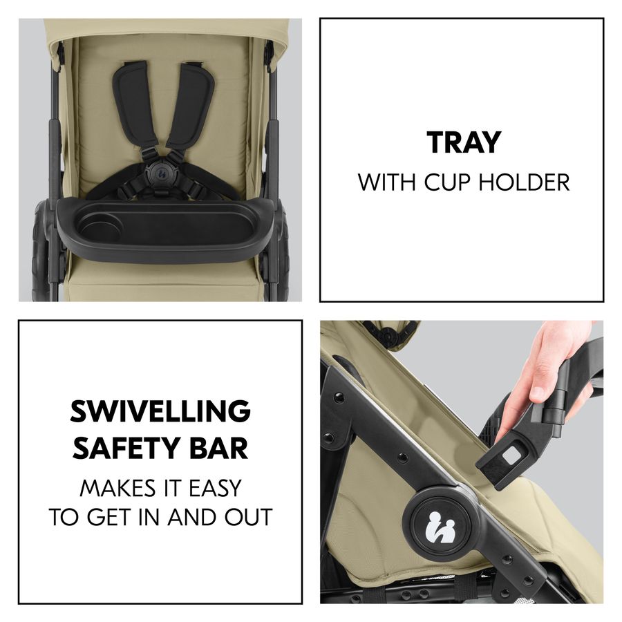Swivelling safety bar with snack tray