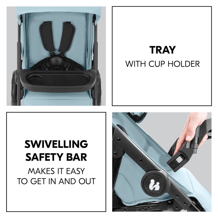 Swivelling safety bar with snack tray