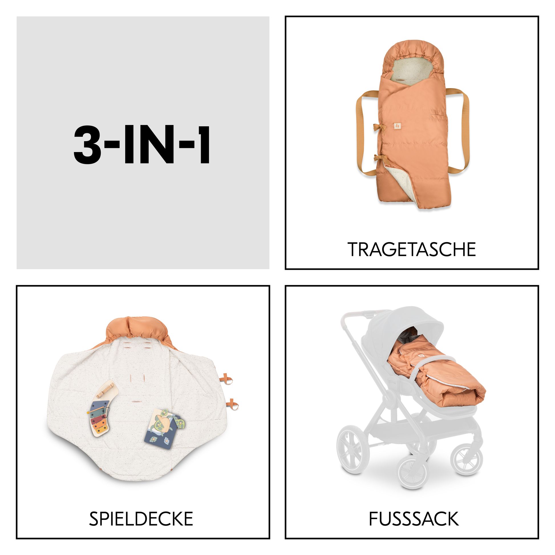 3-in-1 Tragetasche, Fußsack und Spieldecke