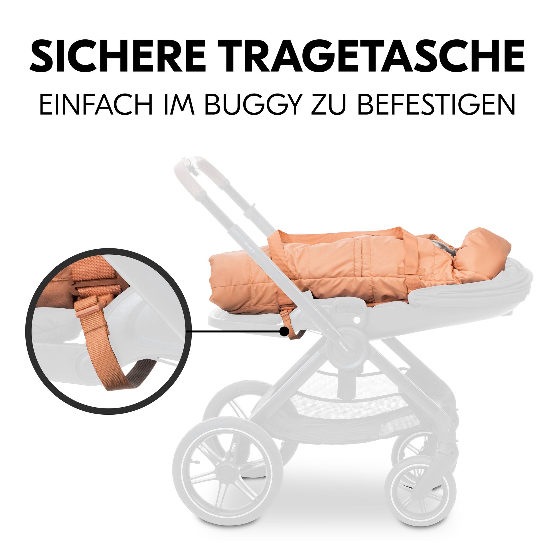 Sichere Tragetasche einfach im Buggy zu befestigen